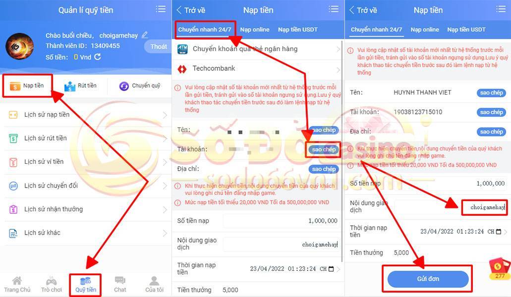 Hướng dẫn nạp rút tiền và chuyển quỹ tại SODO66 4 Hướng dẫn nạp tiền bằng hình thức chuyển nhanh 24/7