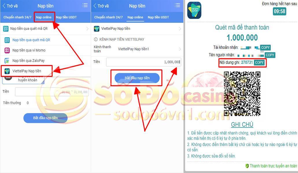 Hướng dẫn nạp rút tiền và chuyển quỹ tại SODO66 8 Hướng dẫn nạp tiền qua ViettelPay